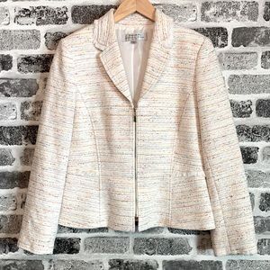 Tahari Cream Boucle Tweed Zipper Fringe Jacket